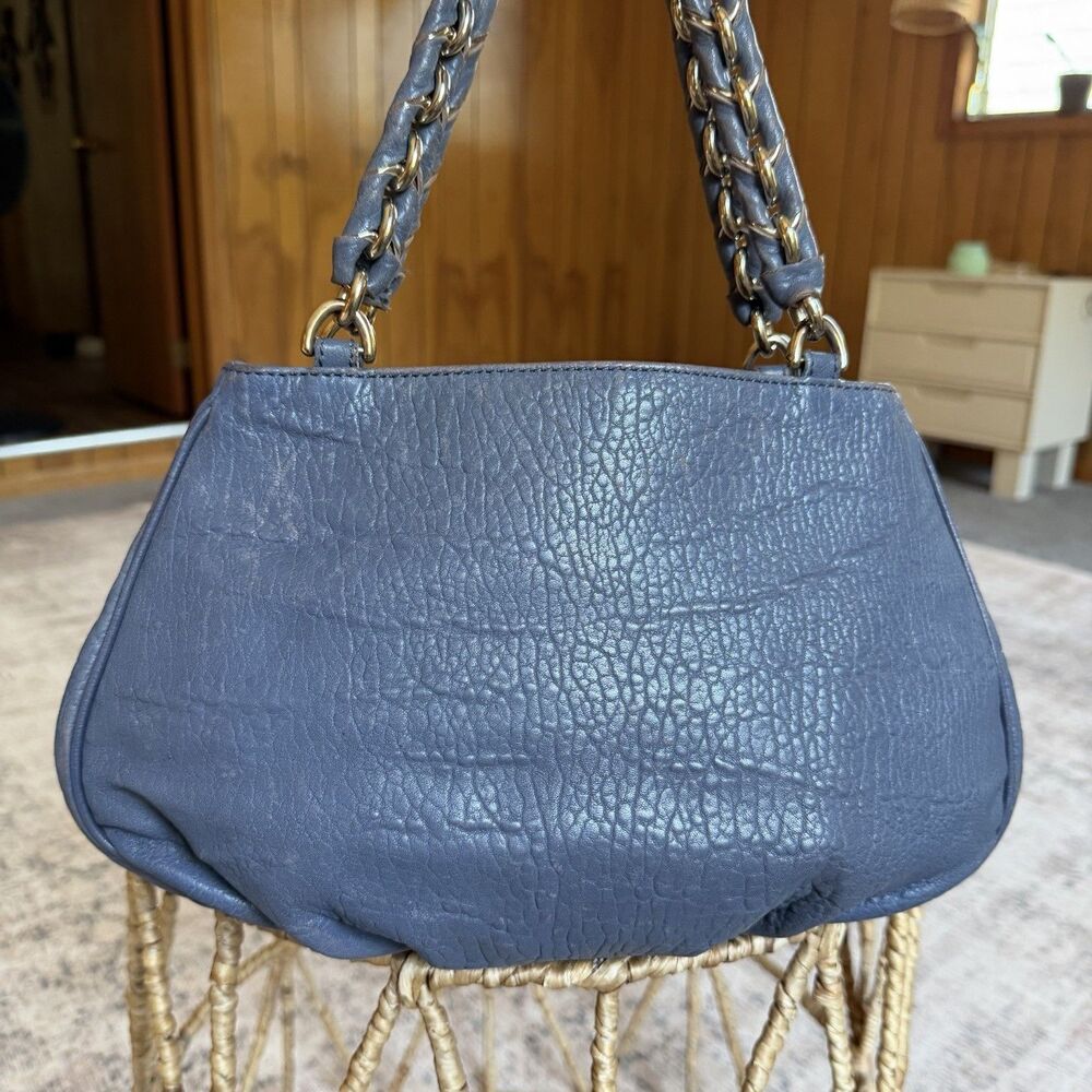 FENDI Crinkled Lambskin Mia Tote Blue Gray Leather Shoulder Handbag Authentic - Picture 3 of 16